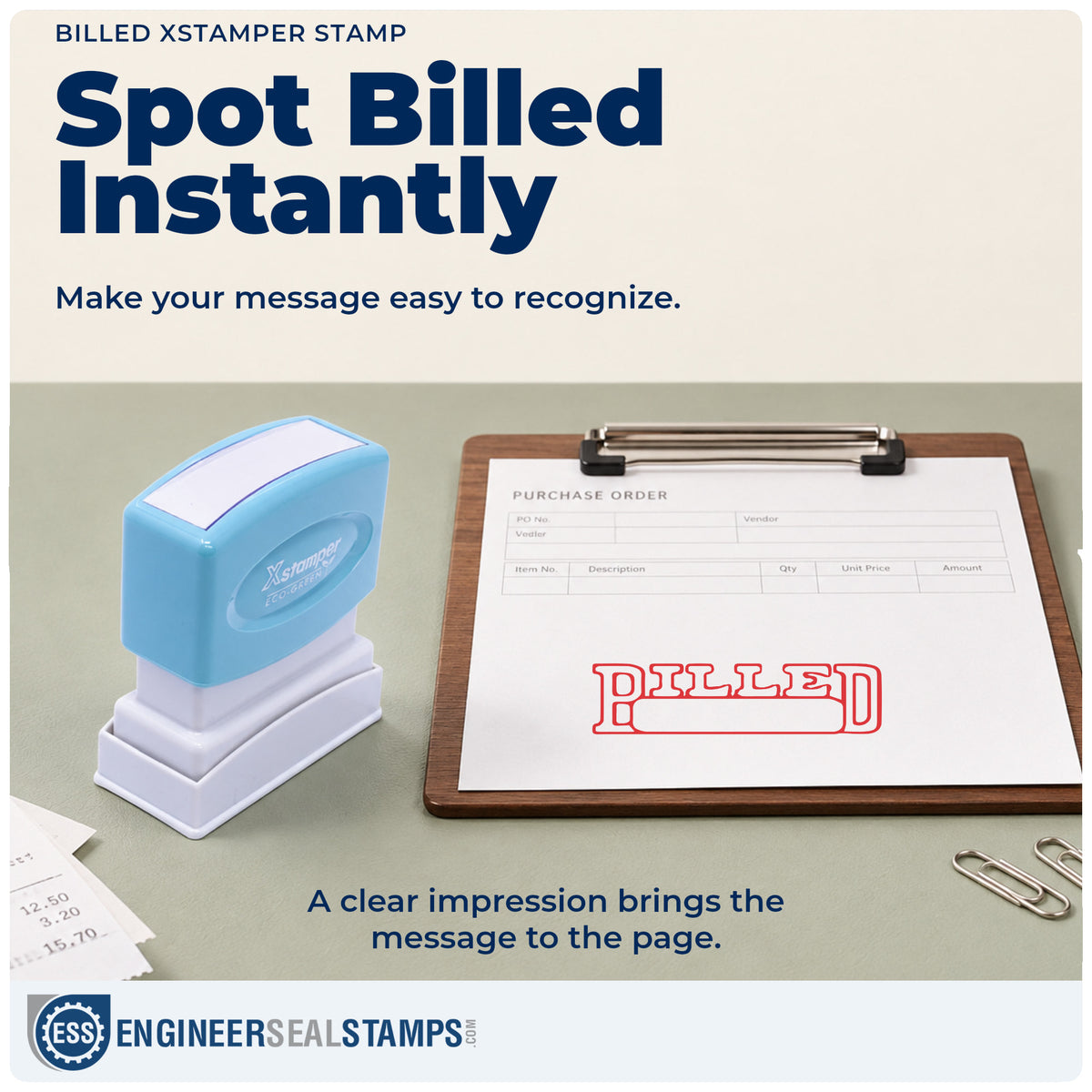 "Billed" imprint on office paperwork beside the Billed Stamp – Pre-Inked Xstamper