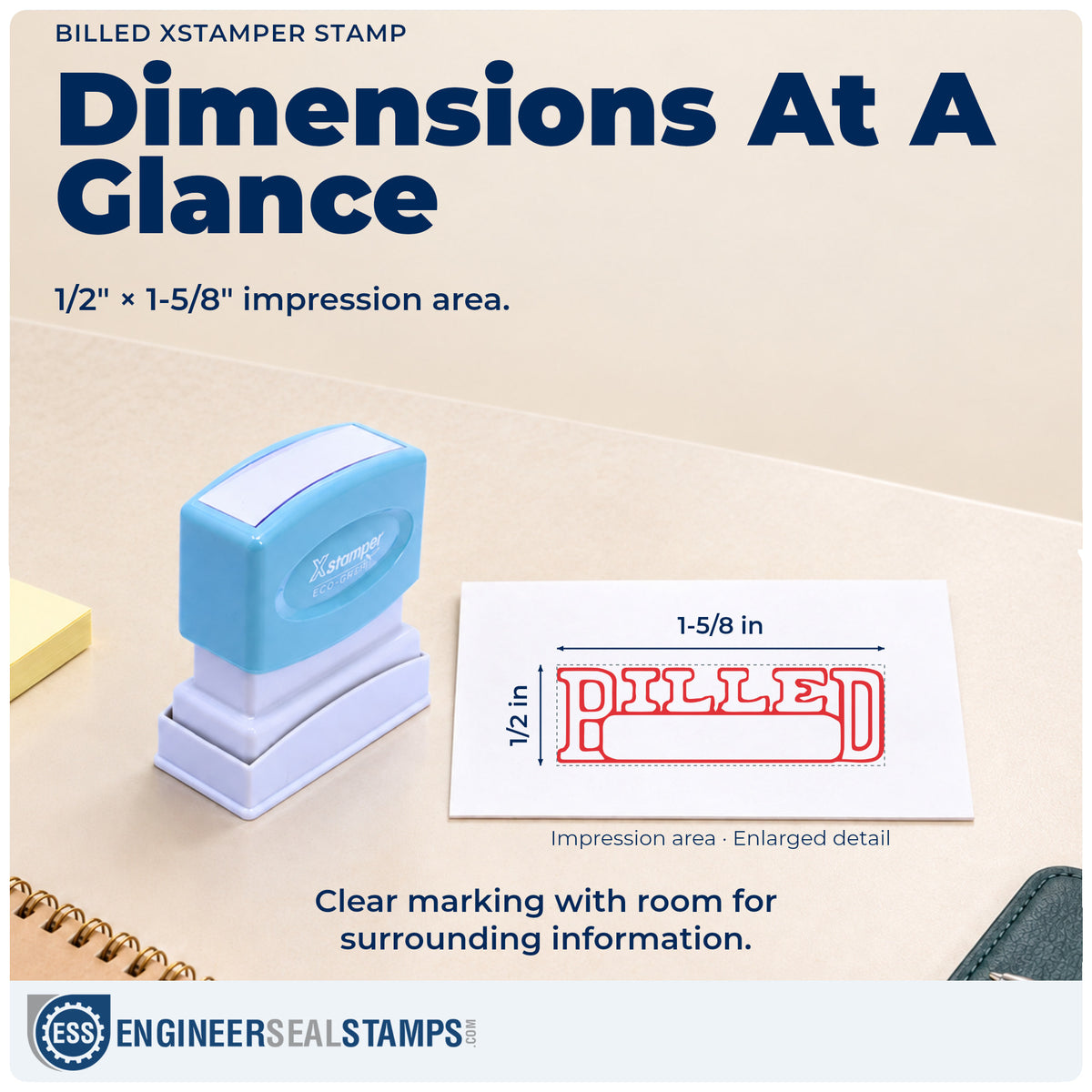 Impression size guide: the "Billed" imprint measures Approximately 1/2 in tall x 1-5/8 in wide