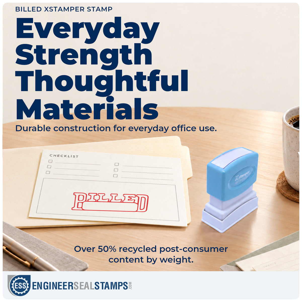Features of the "Billed" Xstamper No. 1208 pre-inked stamp