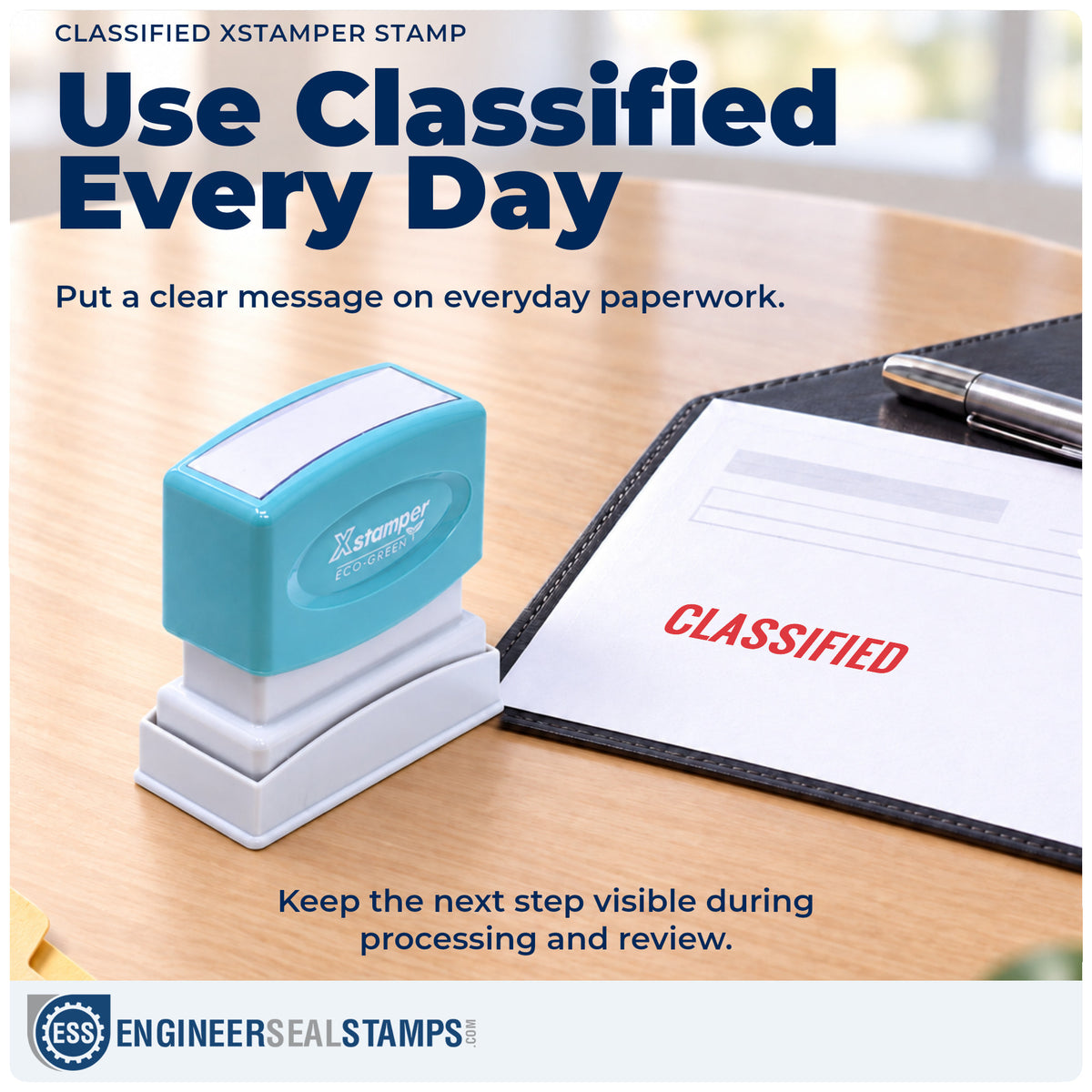 "Classified" stamp being pressed onto a document during everyday filing