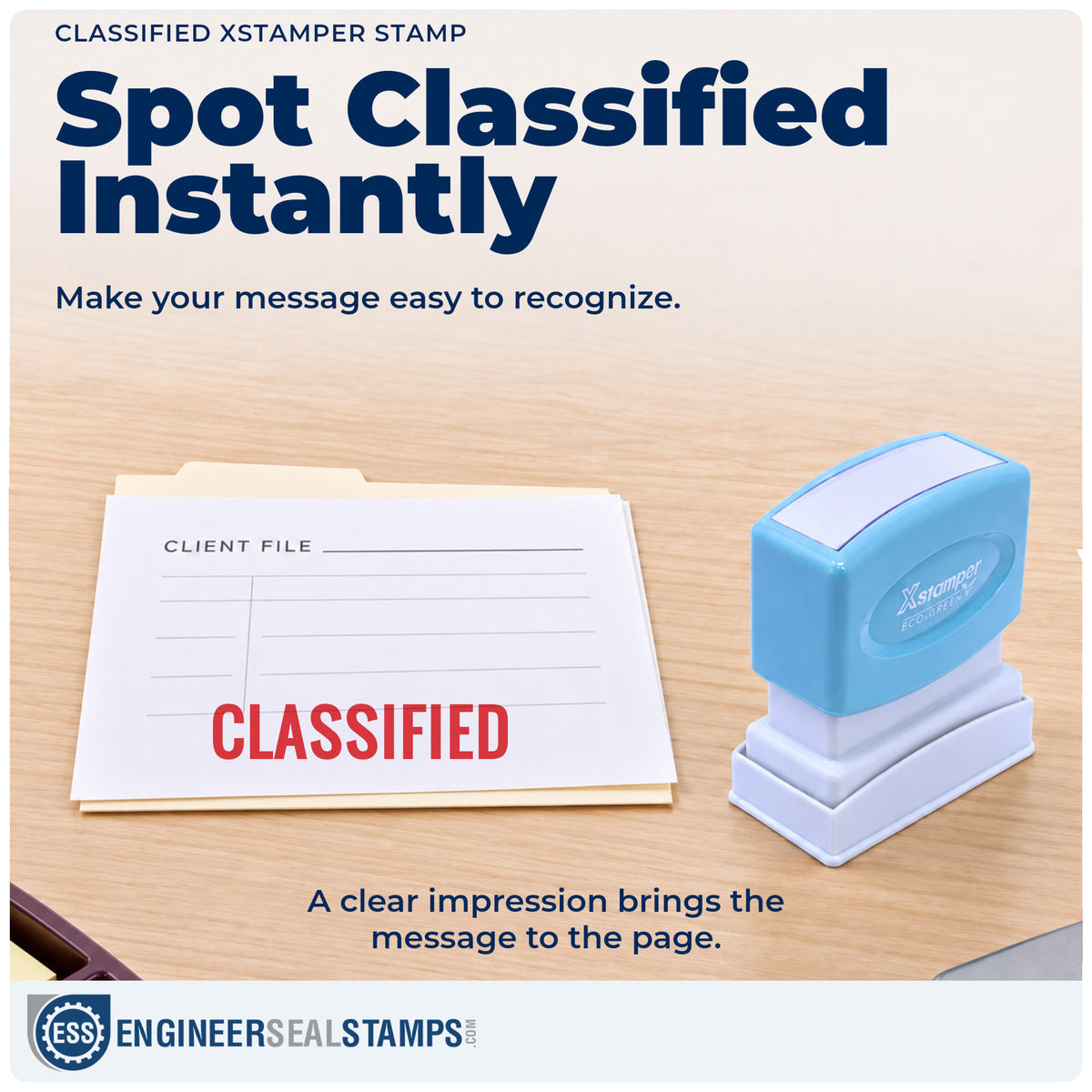 "Classified" imprint on office paperwork beside the Xstamper Classified Stamp – Pre-Inked
