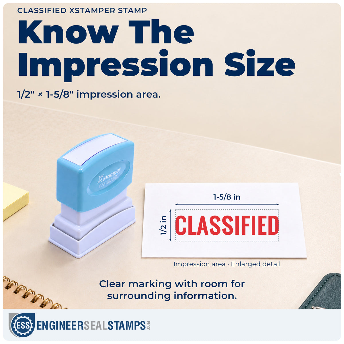 Impression size guide: the "Classified" imprint measures 1/2 x 1-5/8 in