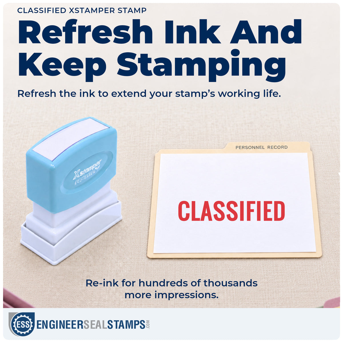 Re-inkable "Classified" stamp built for thousands of repeat impressions
