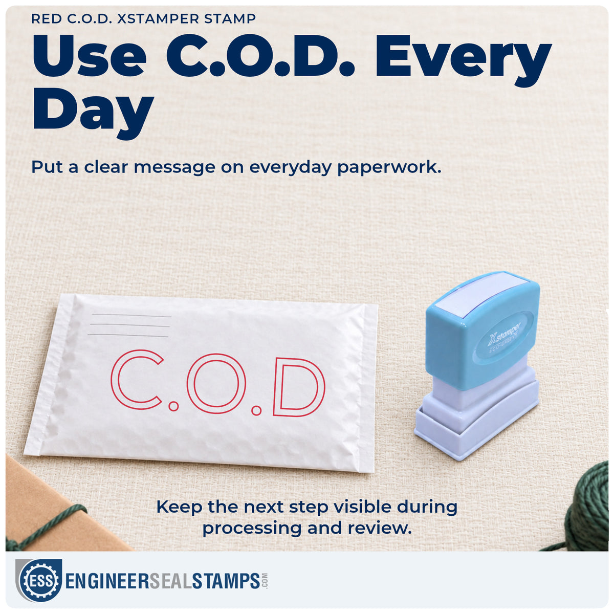 "C.O.D." stamp being pressed onto a document during everyday filing
