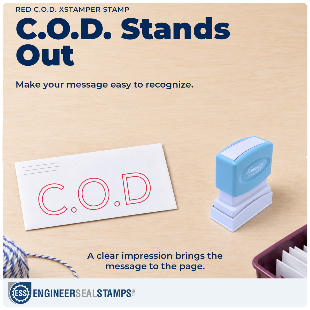 "C.O.D." imprint on office paperwork beside the Red C.O.D. Stamp – Pre-Inked Xstamper