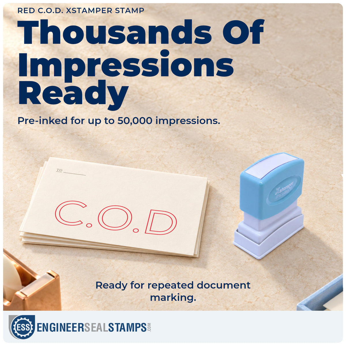 Re-inkable "C.O.D." stamp built for thousands of repeat impressions
