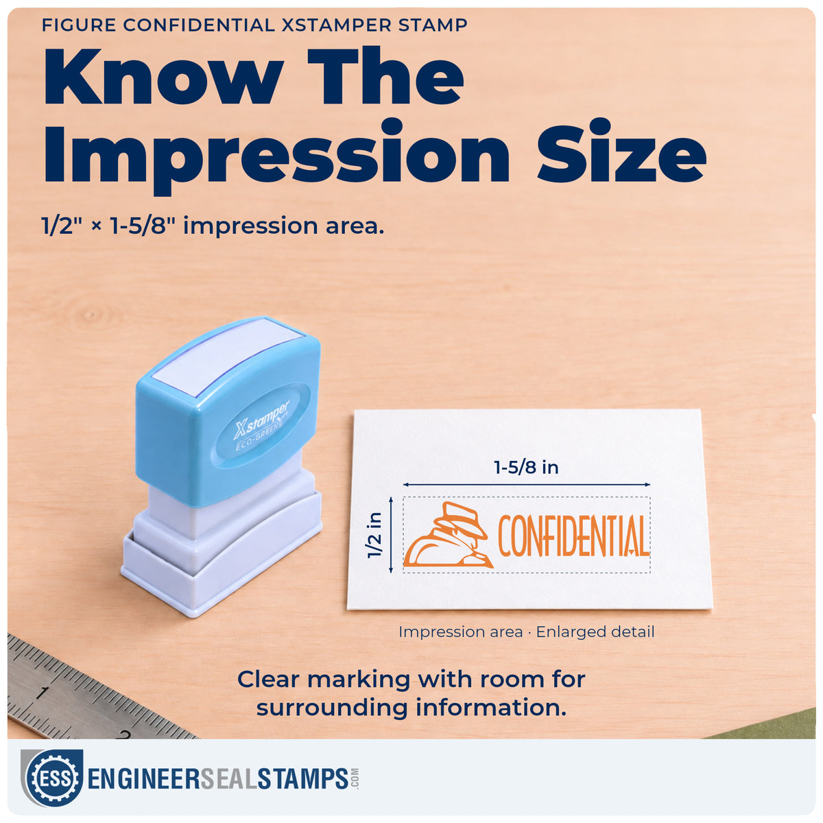 Impression size guide: the "Confidential" imprint measures 1/2 x 1-5/8 in
