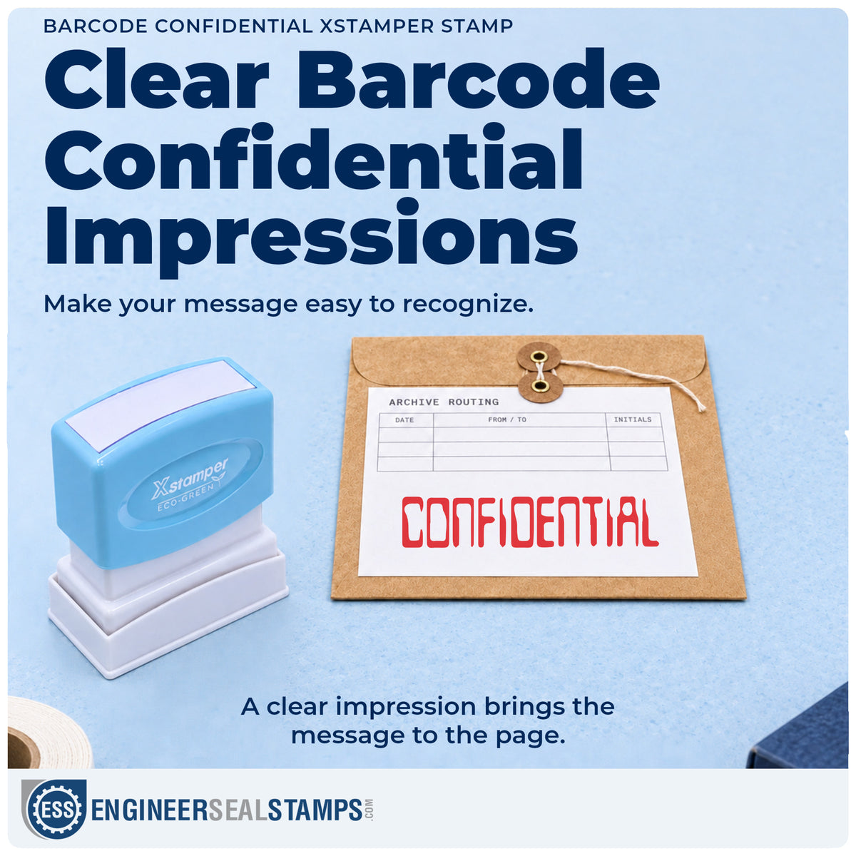 "Confidential" imprint on office paperwork beside the Barcode Style Confidential Stamp – Pre-Inked Xstamper