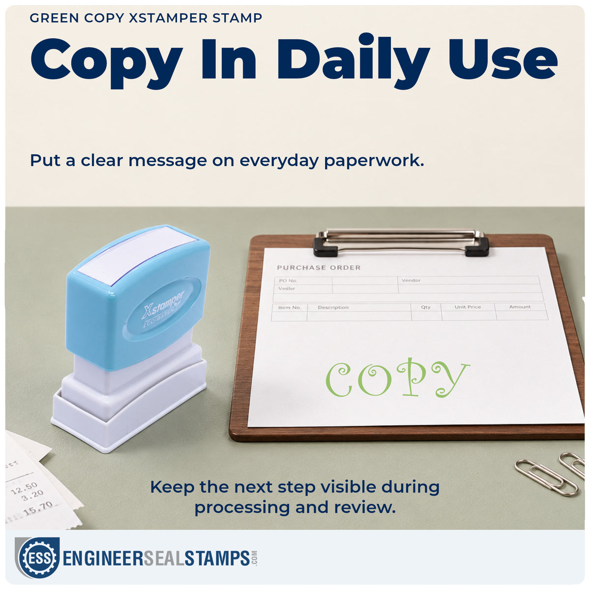 "Copy" stamp being pressed onto a document during everyday filing