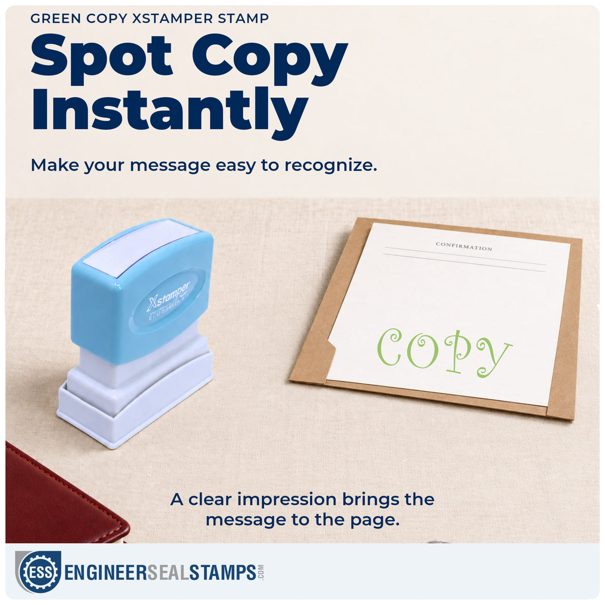 "Copy" imprint on office paperwork beside the Copy Stamp For Document Filing – Green Pre-Inked Xstamper