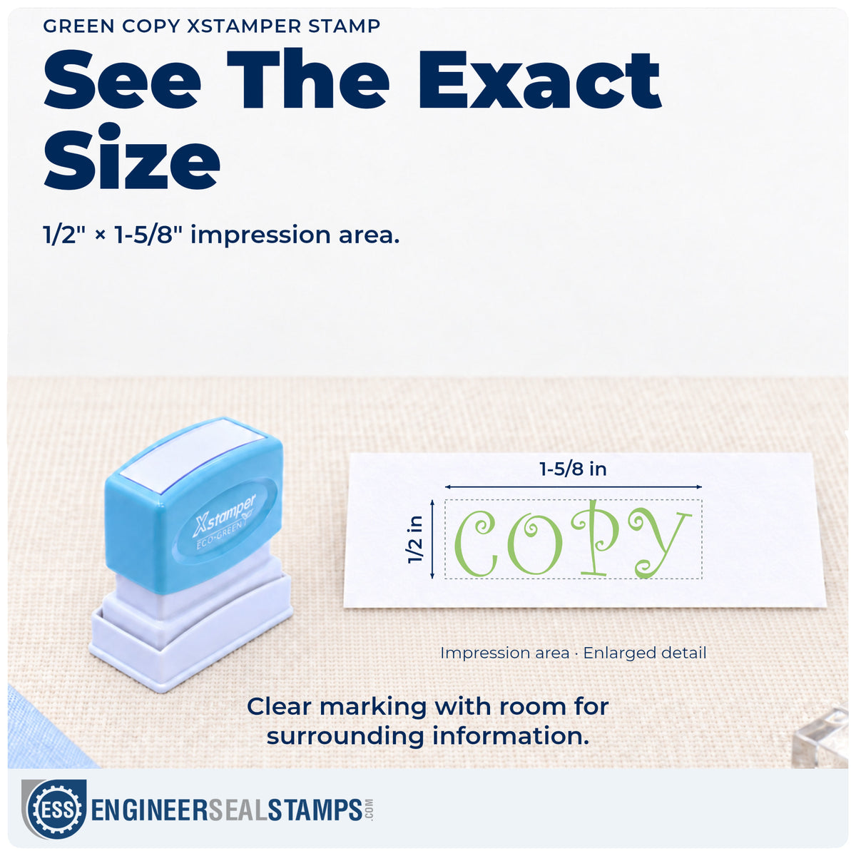 Impression size guide: the "Copy" imprint measures Approximately 1/2 in tall x 1-5/8 in wide