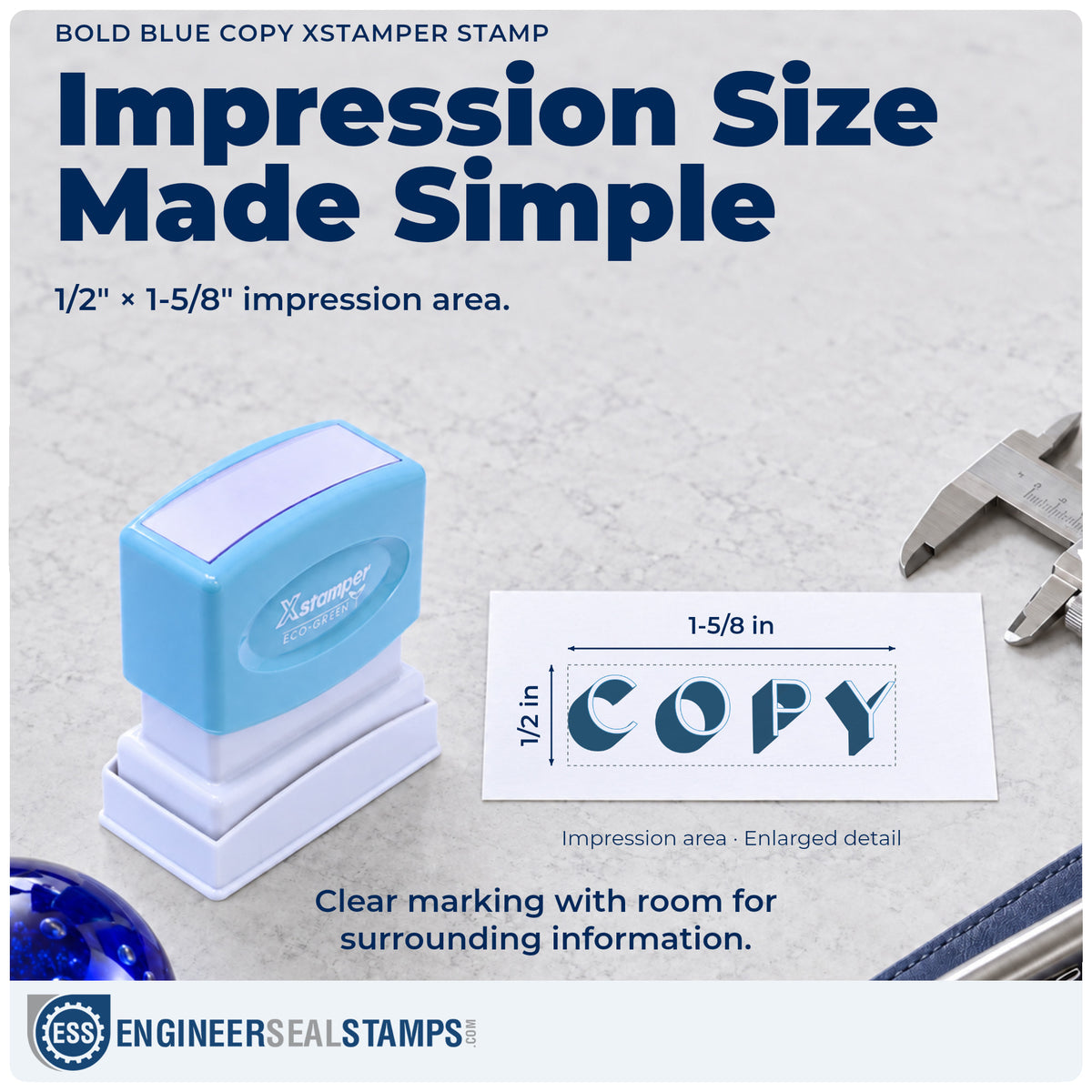 Impression size guide: the "Copy" imprint measures 1/2 x 1-5/8 in