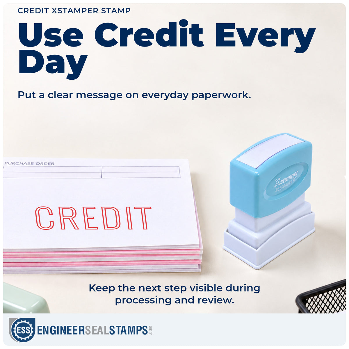 "Credit" stamp being pressed onto a document during everyday filing