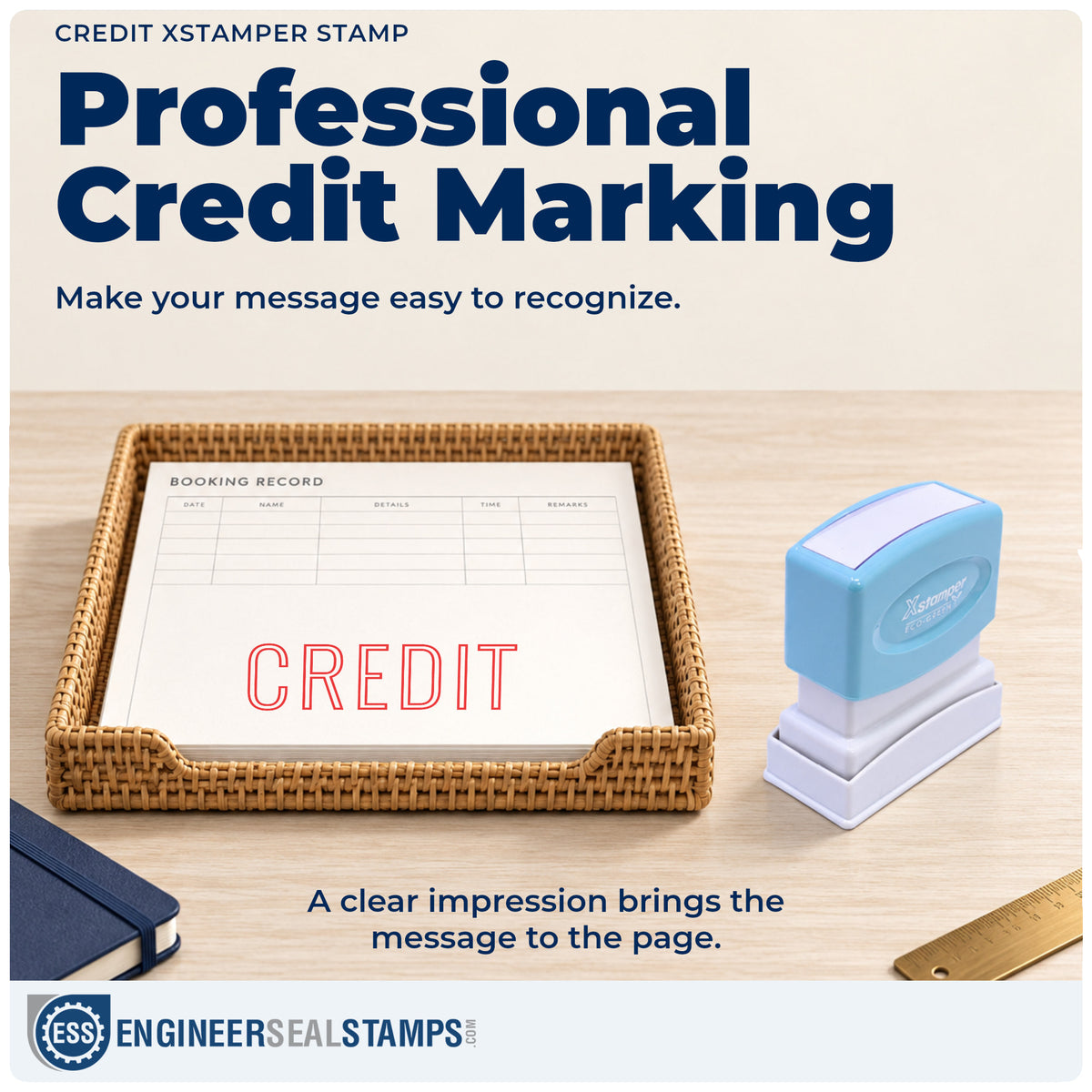 "Credit" imprint on office paperwork beside the Credit Stamp – Pre-Inked Xstamper
