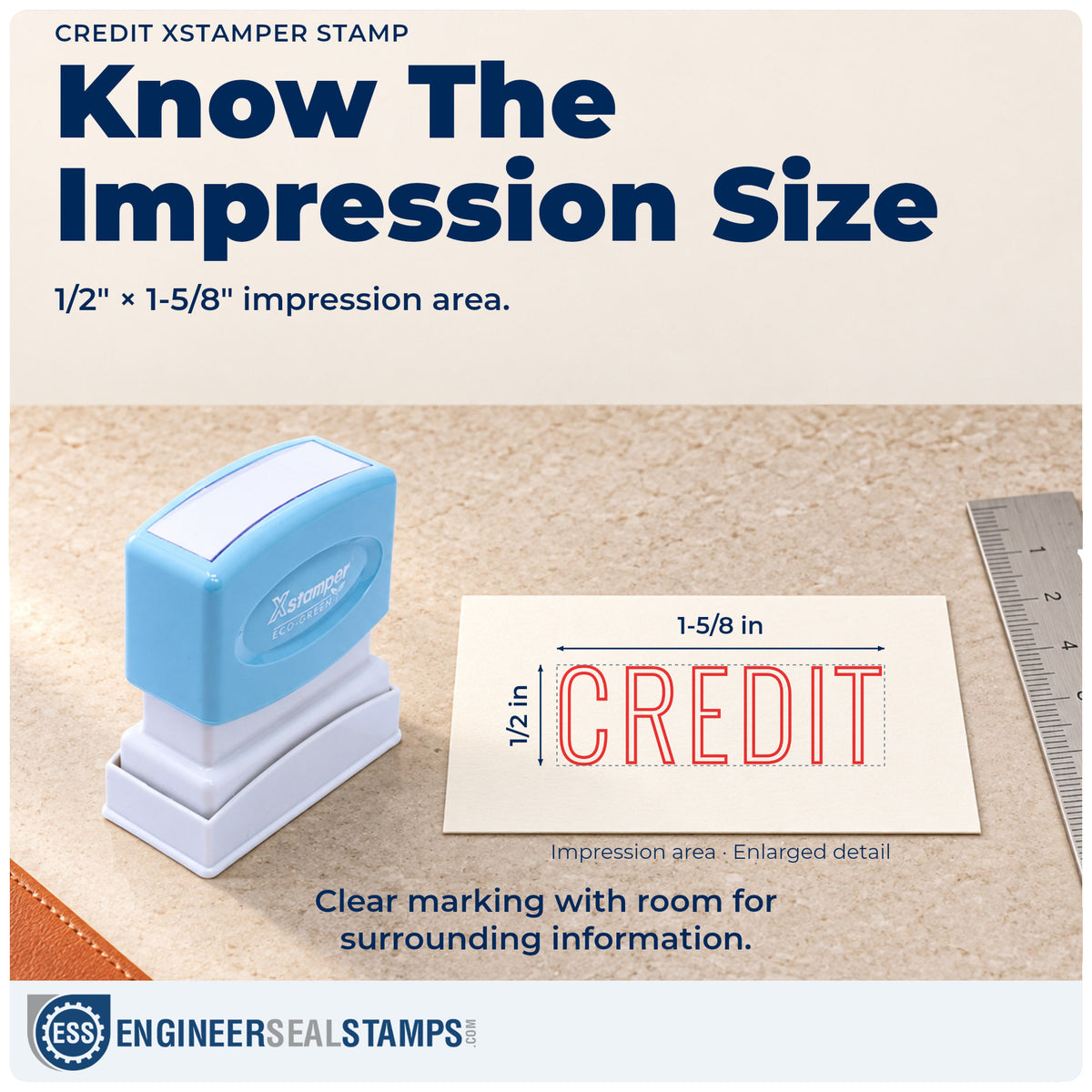Impression size guide: the "Credit" imprint measures Approximately 1/2 in tall x 1-5/8 in wide