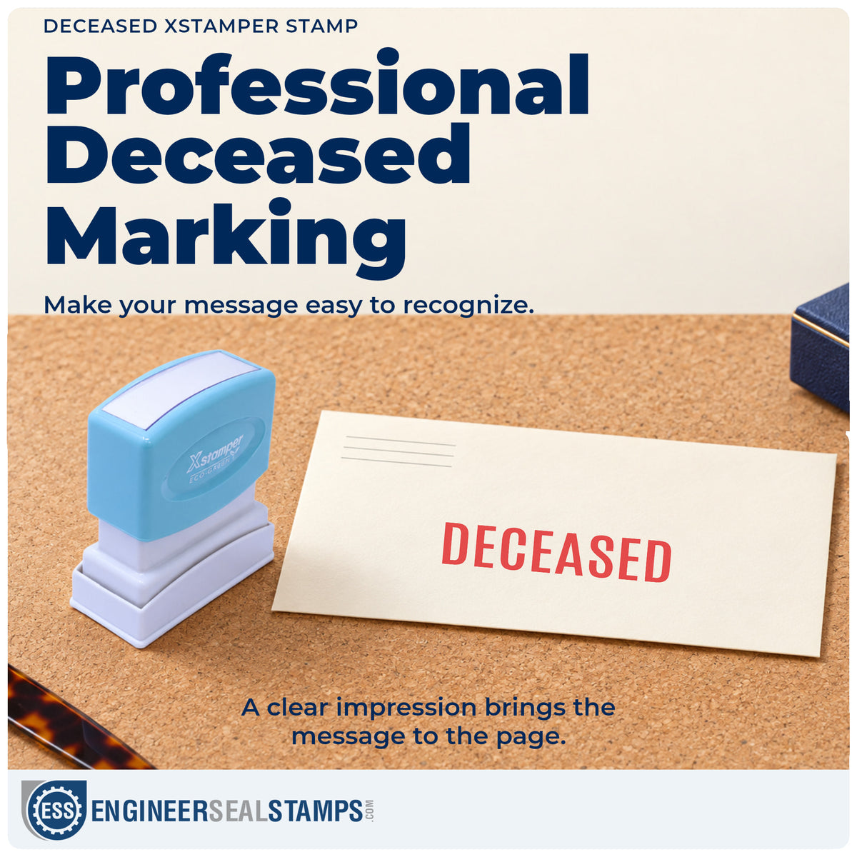 "Deceased" imprint on office paperwork beside the Xstamper Deceased Stamp – Pre-Inked