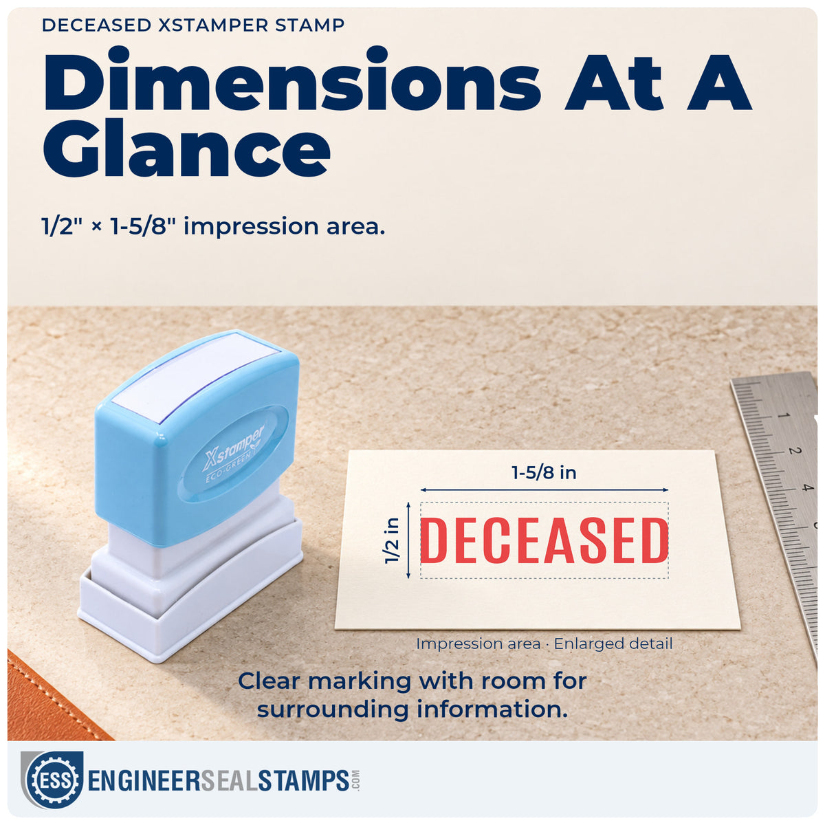 Impression size guide: the "Deceased" imprint measures 1/2 x 1-5/8 in