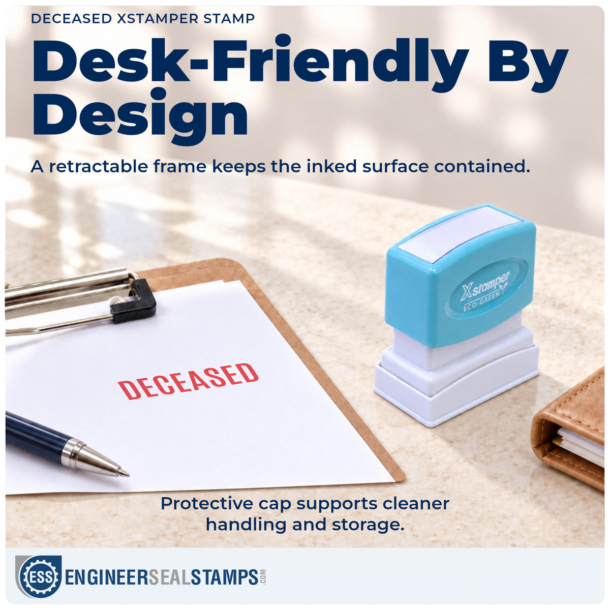Features of the "Deceased" Xstamper No. 1648 pre-inked stamp