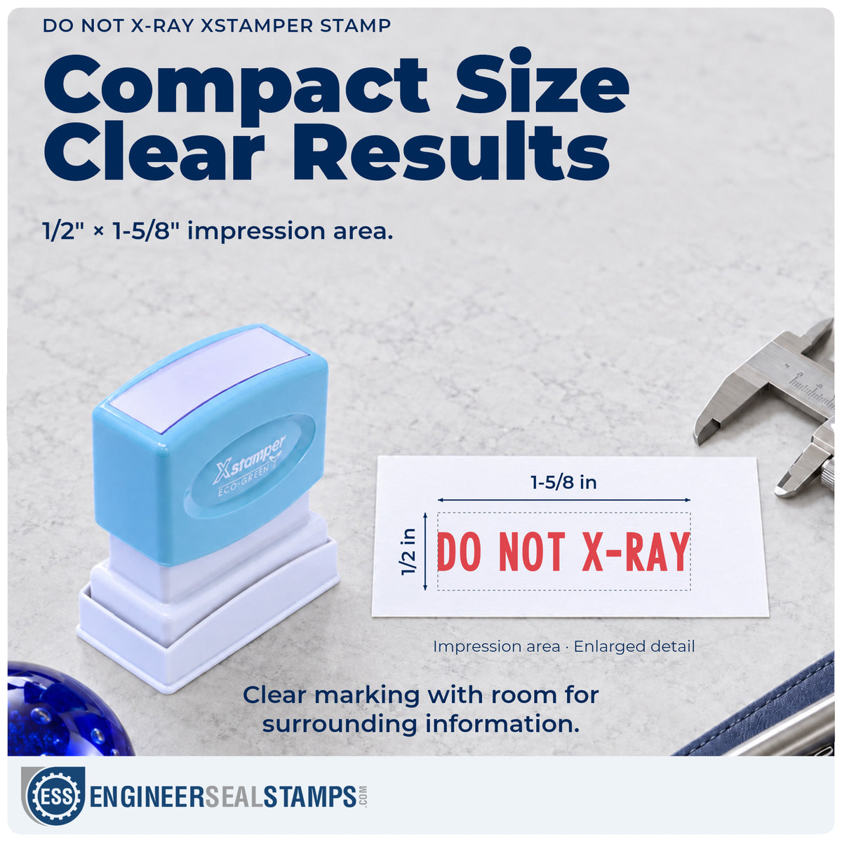 Impression size guide: the "Do not x-ray" imprint measures Approximately 1/2 in tall x 1-5/8 in wide