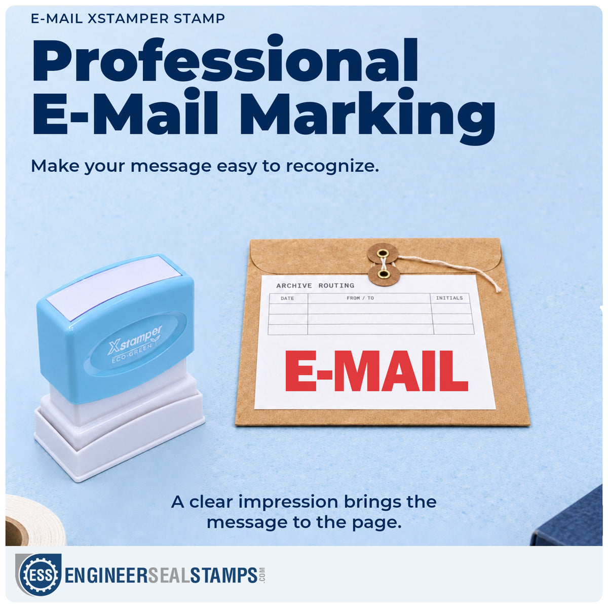 "E-mail" imprint on office paperwork beside the Xstamper E-Mail Stamp – Pre-Inked
