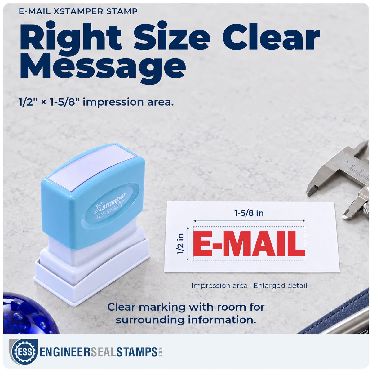 Impression size guide: the "E-mail" imprint measures Approximately 1/2 in tall x 1-5/8 in wide