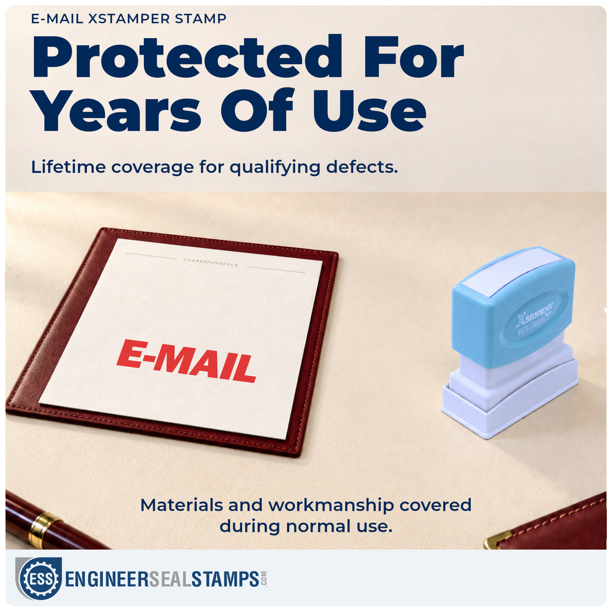 Lifetime guarantee coverage on the "E-mail" Xstamper pre-inked stamp