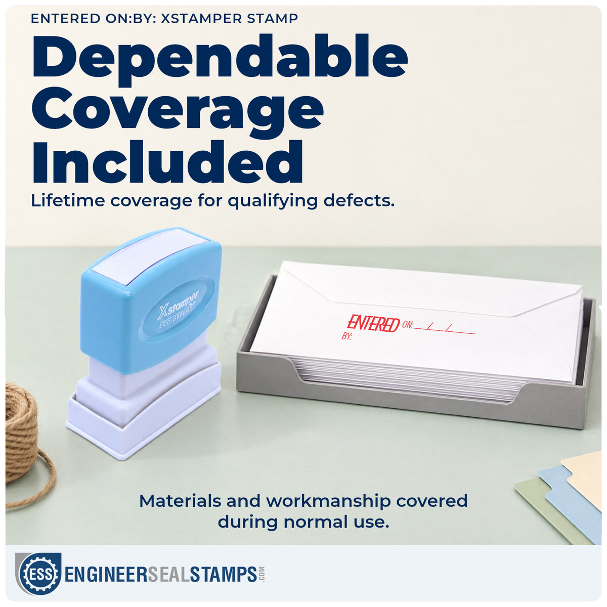 Lifetime guarantee coverage on the "Entered on: by:" Xstamper pre-inked stamp