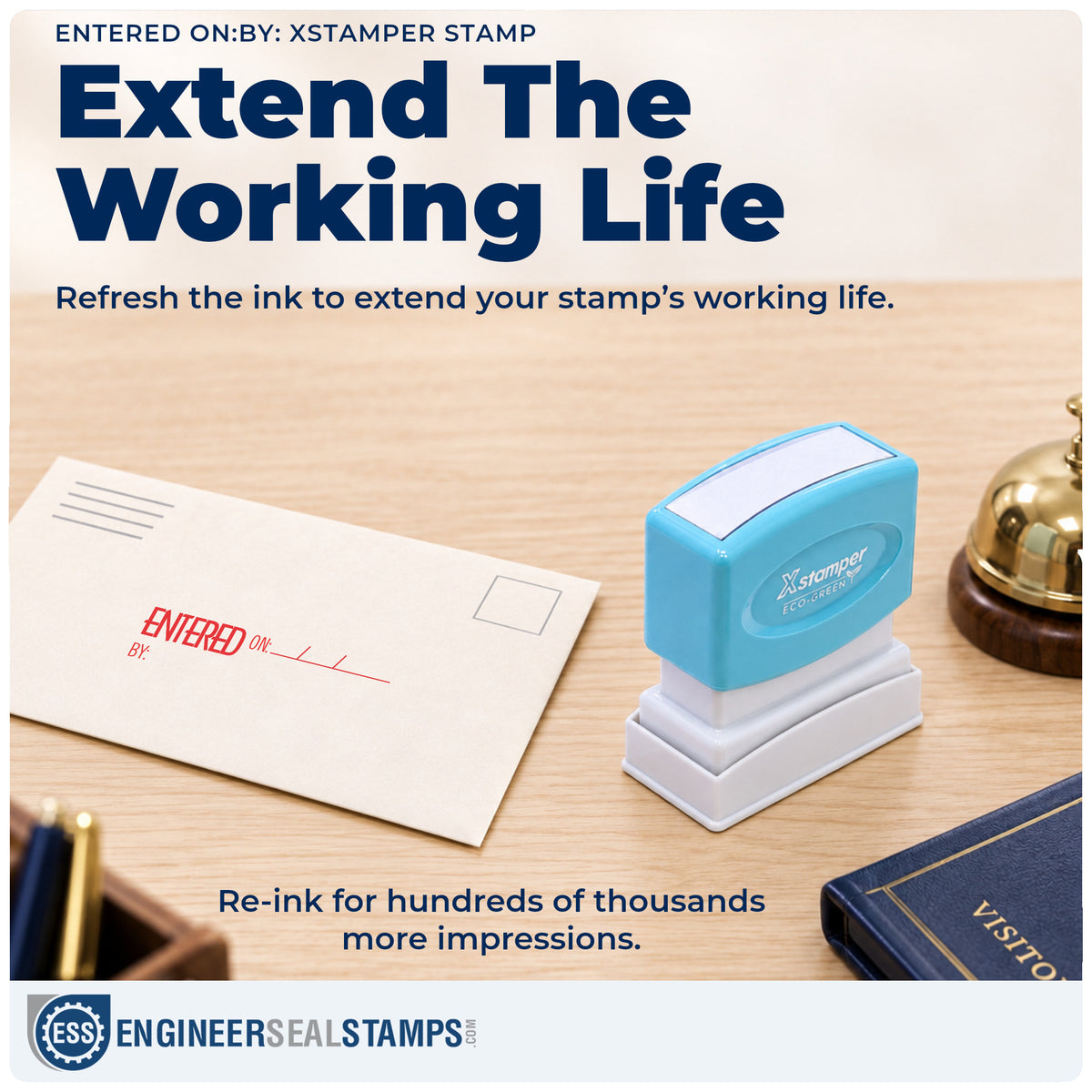 Re-inkable "Entered on: by:" stamp built for thousands of repeat impressions