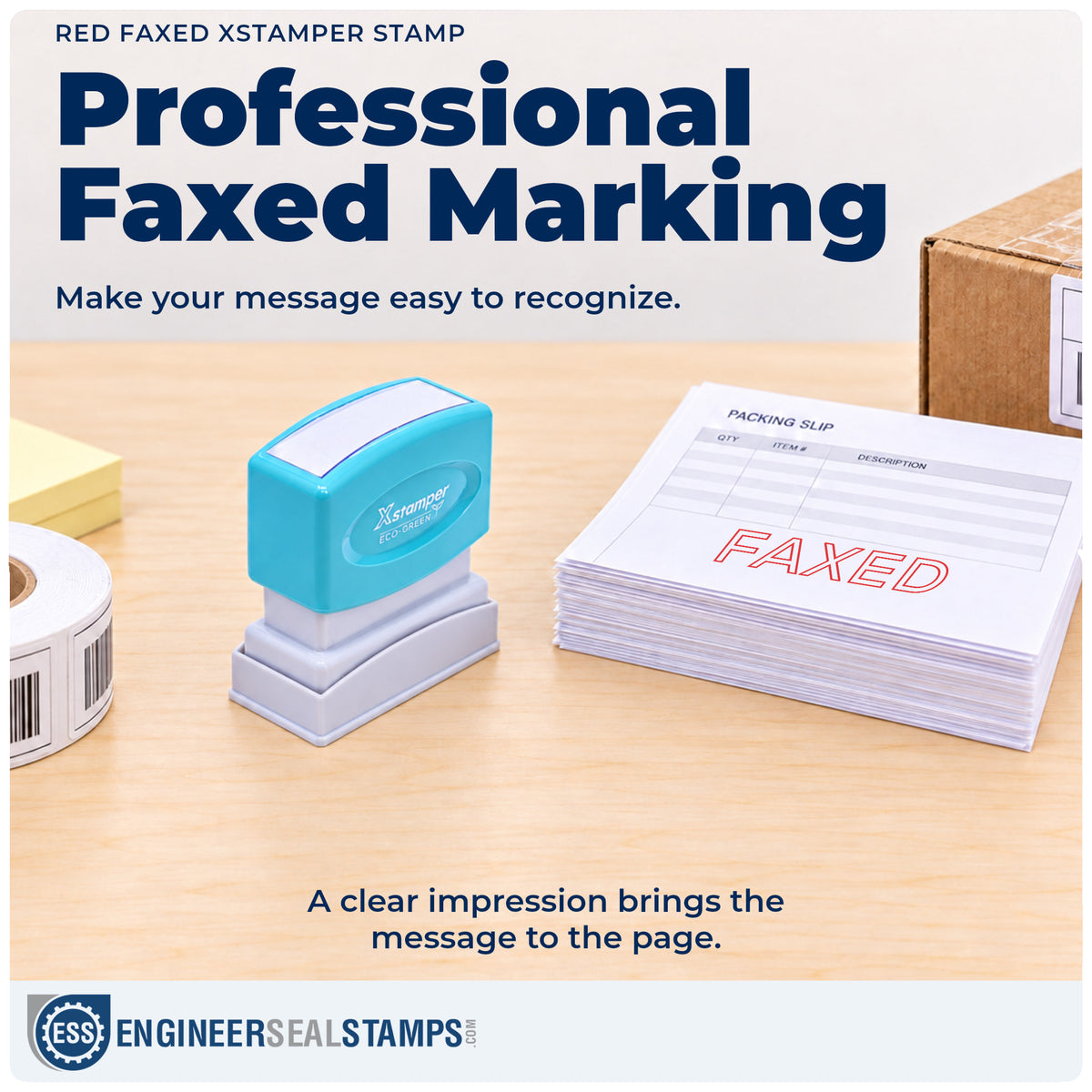 "Faxed" imprint on office paperwork beside the Xstamper Faxed Stamp – Red Pre-Inked