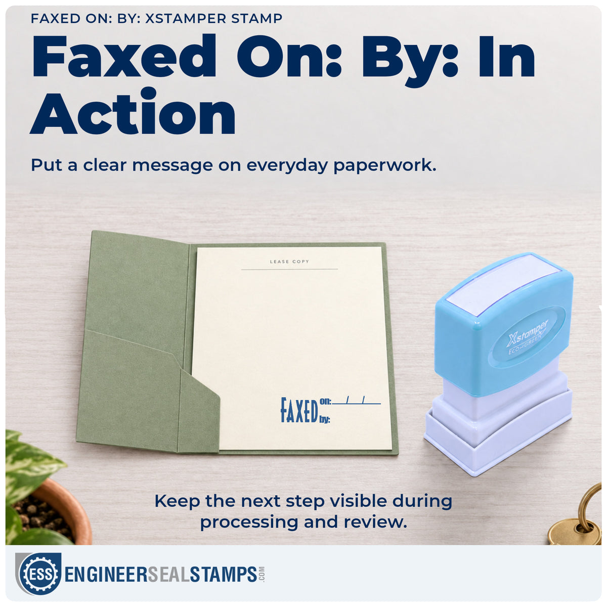"Faxed on: by:" stamp being pressed onto a document during everyday filing