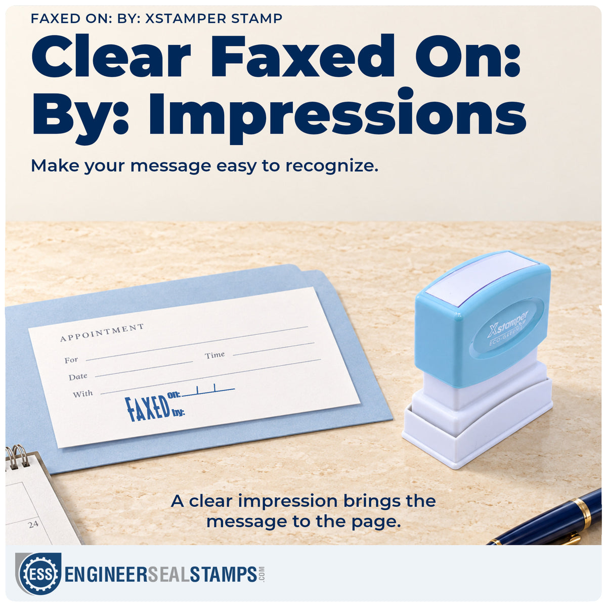 "Faxed on: by:" imprint on office paperwork beside the Faxed On: By: Text Stamp – Pre-Inked Xstamper