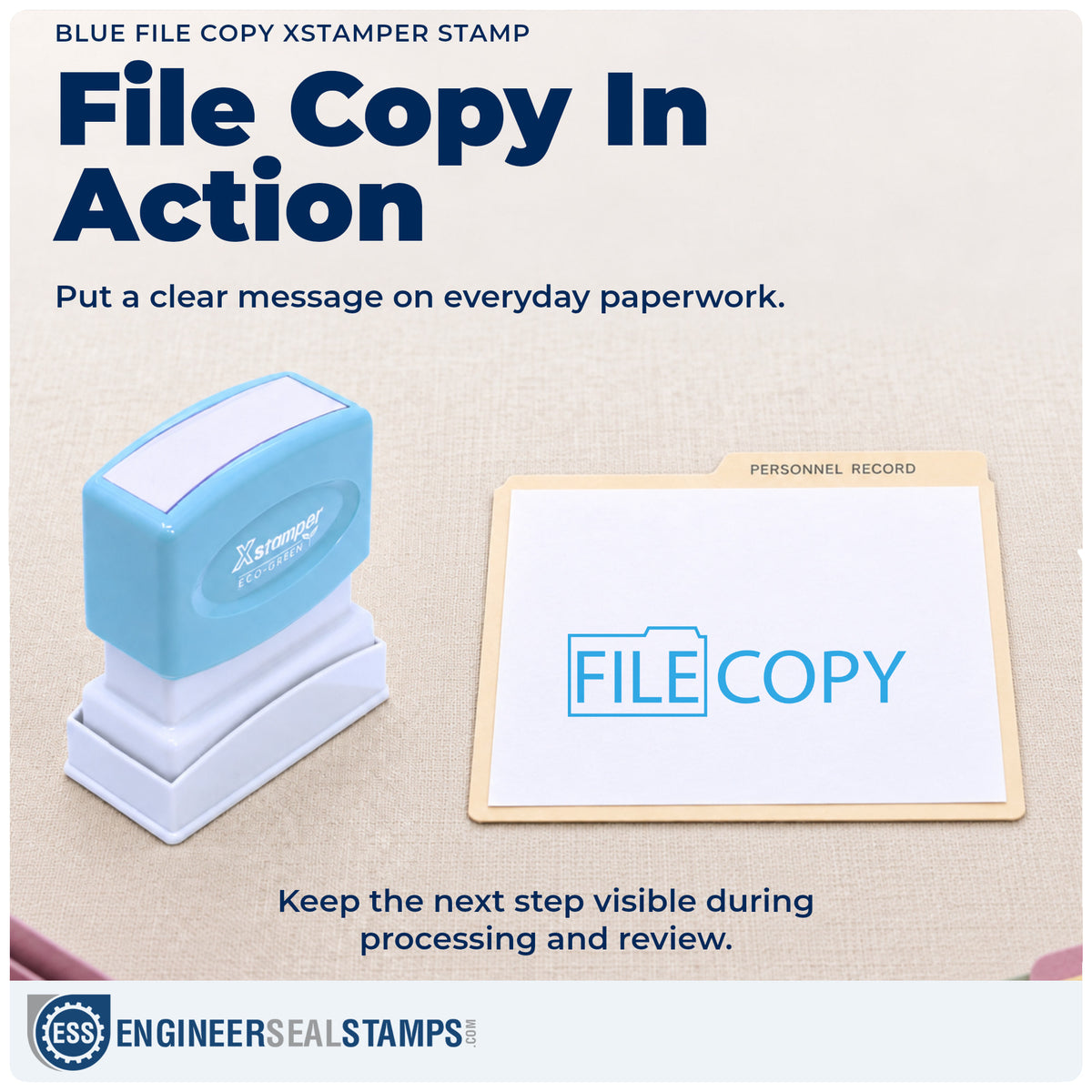 "File copy" stamp being pressed onto a document during everyday filing