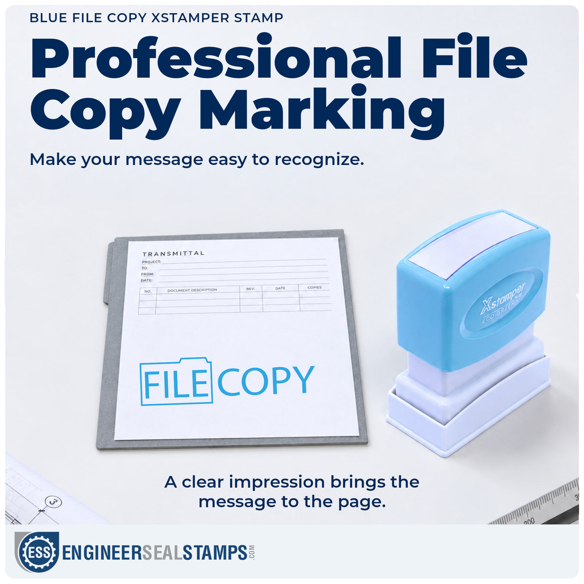 "File copy" imprint on office paperwork beside the File Copy Document Stamp – Blue Pre-Inked Xstamper
