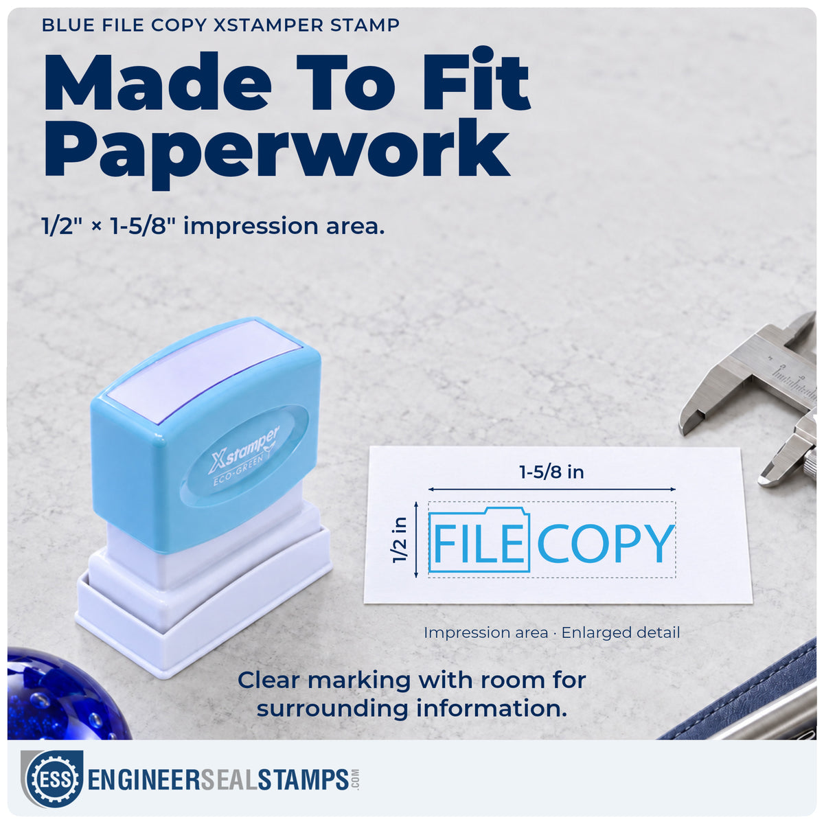 Impression size guide: the "File copy" imprint measures Approximately 1/2 in tall x 1-5/8 in wide