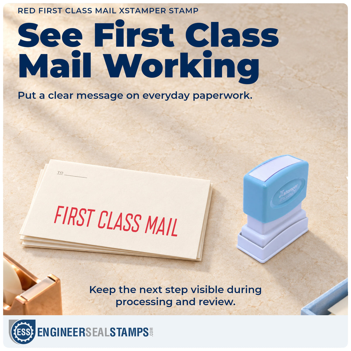 "First class mail" stamp being pressed onto a document during everyday filing