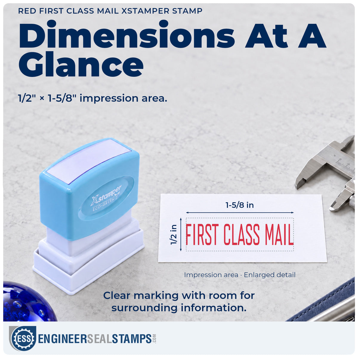 Impression size guide: the "First class mail" imprint measures 1/2 x 1-5/8 in