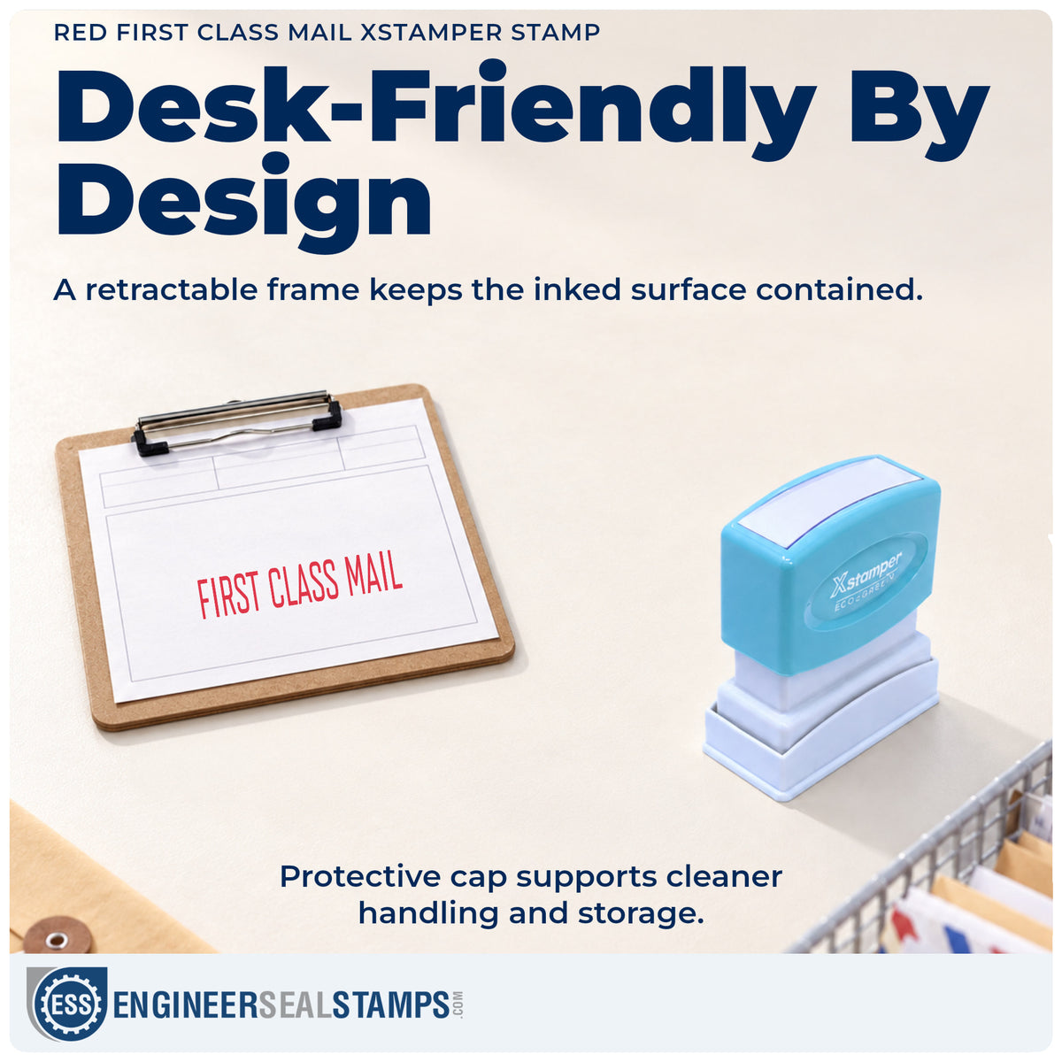Features of the "First class mail" Xstamper No. 1129 pre-inked stamp