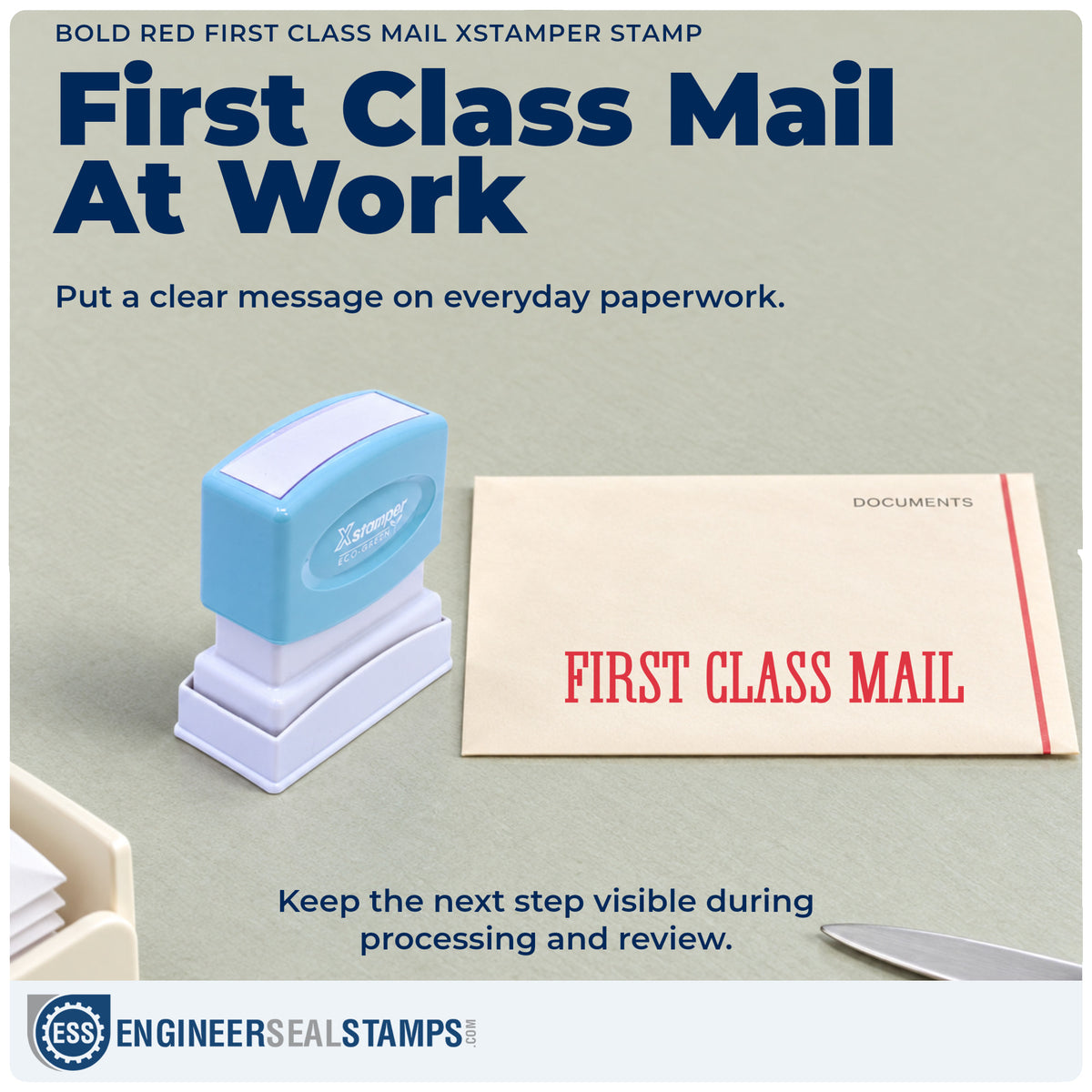 "First class mail" stamp being pressed onto a document during everyday filing