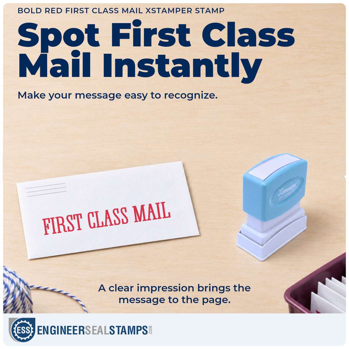 "First class mail" imprint on office paperwork beside the First Class Mail Stamp – Bold Red Pre-Inked Xstamper