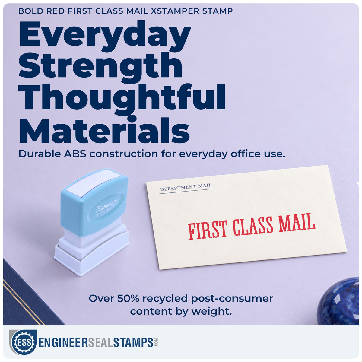Features of the "First class mail" Xstamper No. 1149 pre-inked stamp