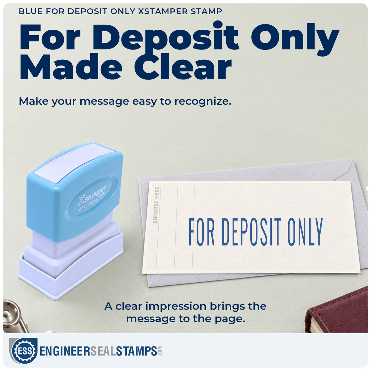 "For deposit only" imprint on office paperwork beside the Blue For Deposit Only Stamp – Pre-Inked Xstamper