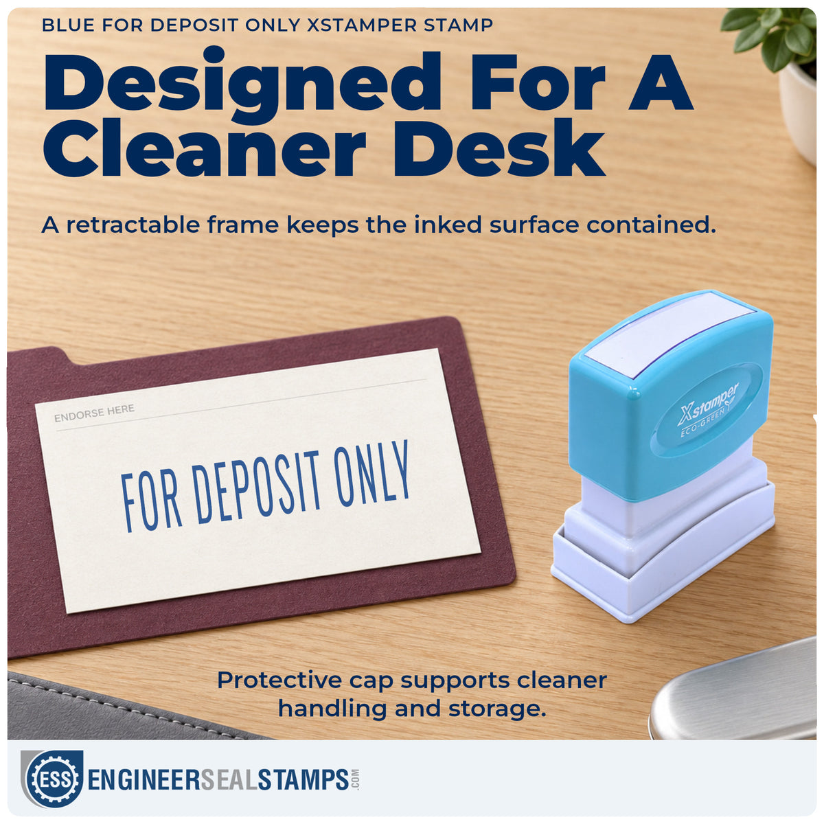 Features of the "For deposit only" Xstamper No. 1121 pre-inked stamp