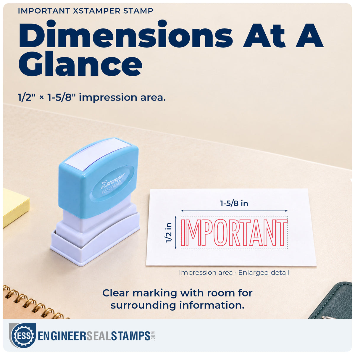 Impression size guide: the "Important" imprint measures Approximately 1/2 in tall x 1-5/8 in wide