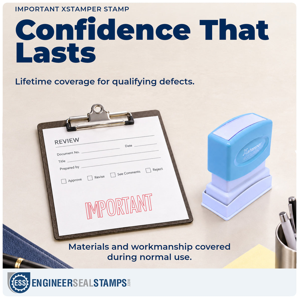 Lifetime guarantee coverage on the "Important" Xstamper pre-inked stamp