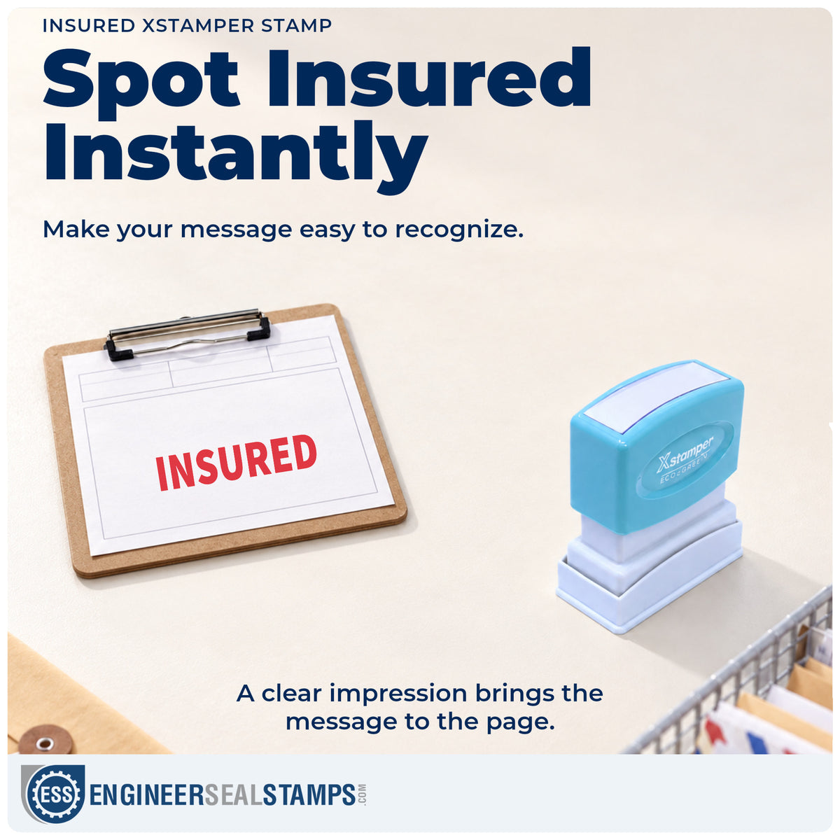 "Insured" imprint on office paperwork beside the Insured Stamp – Pre-Inked Xstamper