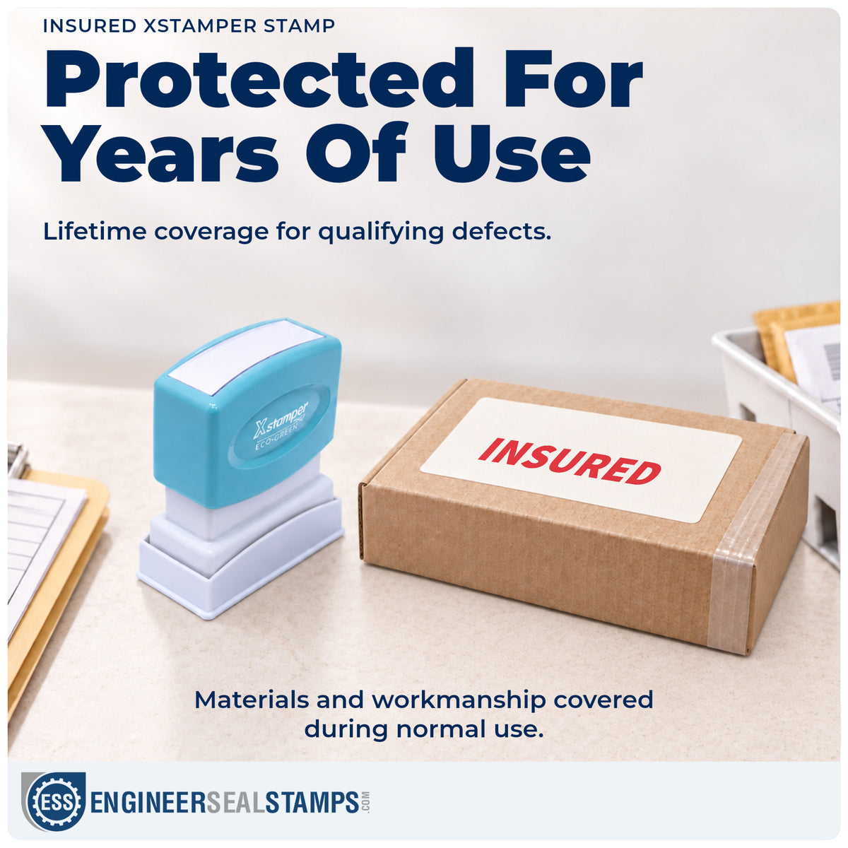 Lifetime guarantee coverage on the "Insured" Xstamper pre-inked stamp