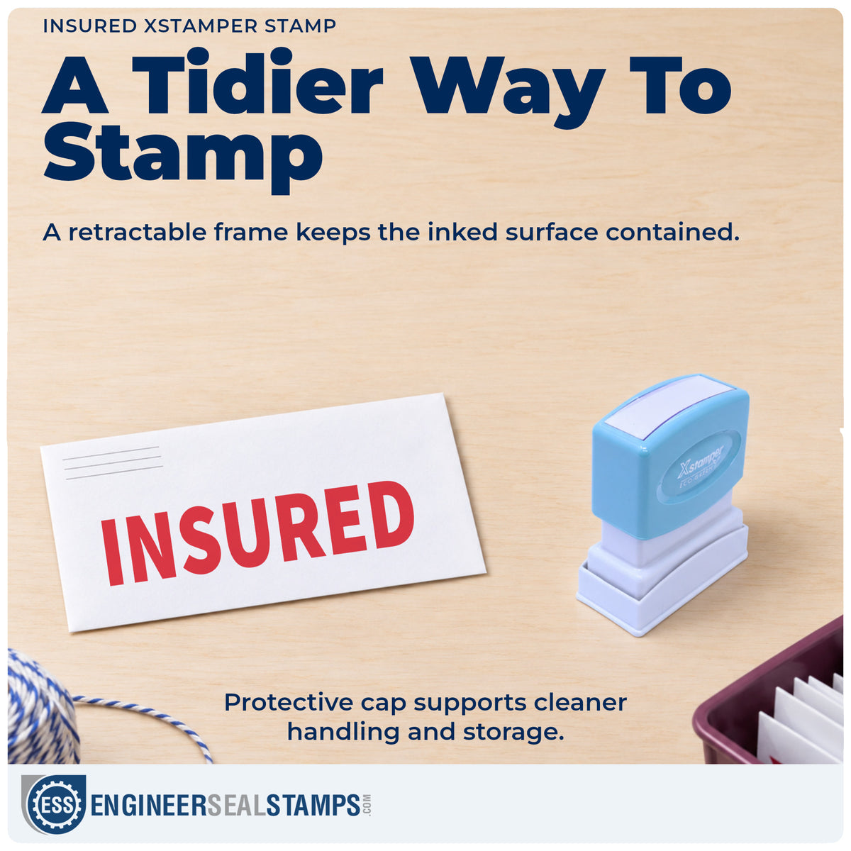 Features of the "Insured" Xstamper No. 1585 pre-inked stamp
