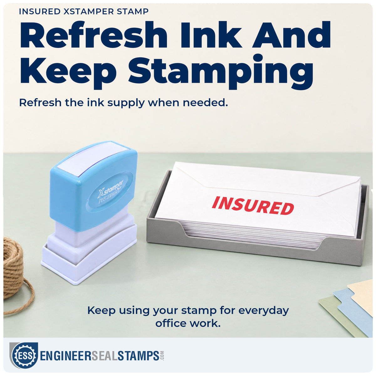 Re-inkable "Insured" stamp built for thousands of repeat impressions