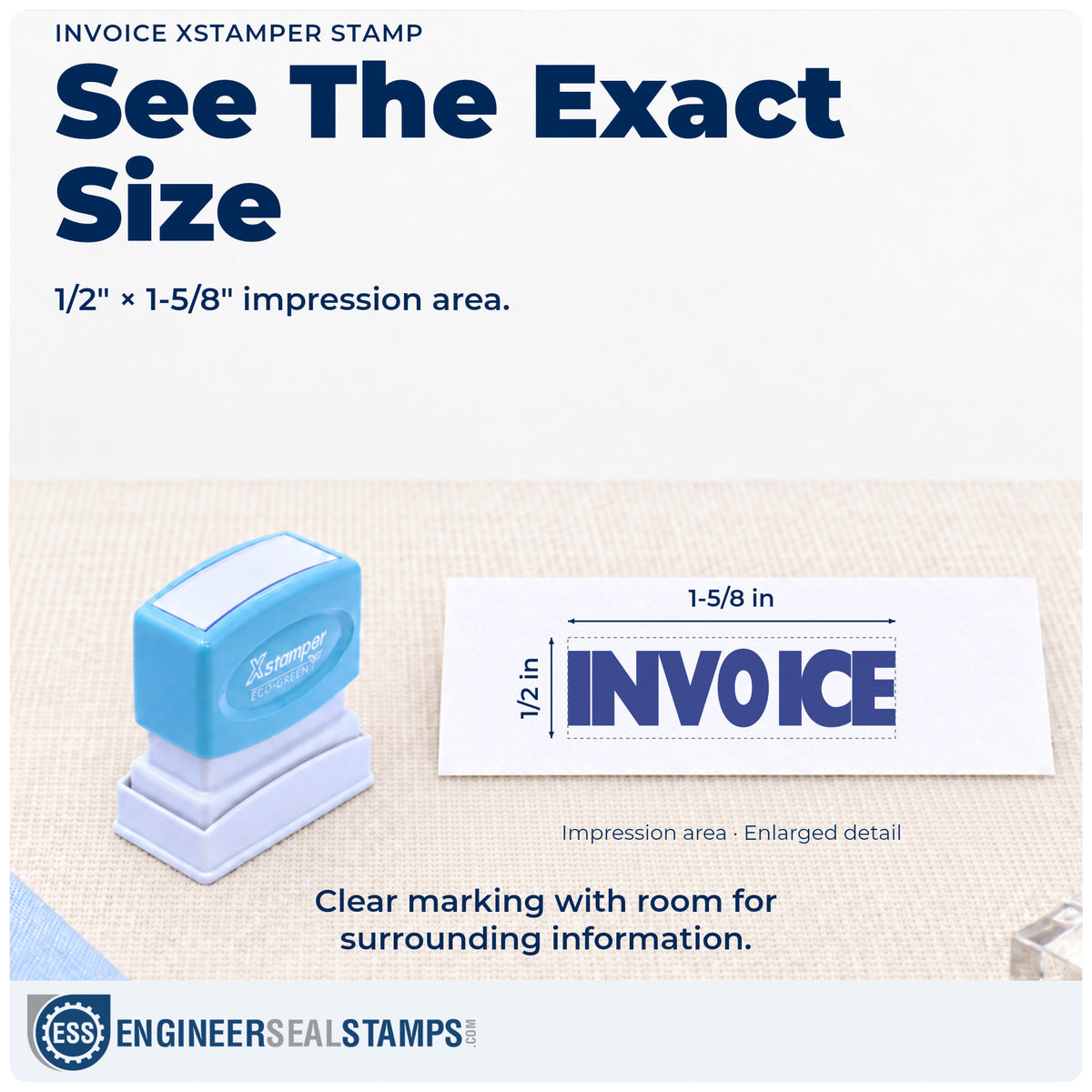 Impression size guide: the "Invoice" imprint measures Approximately 1/2 in tall x 1-5/8 in wide