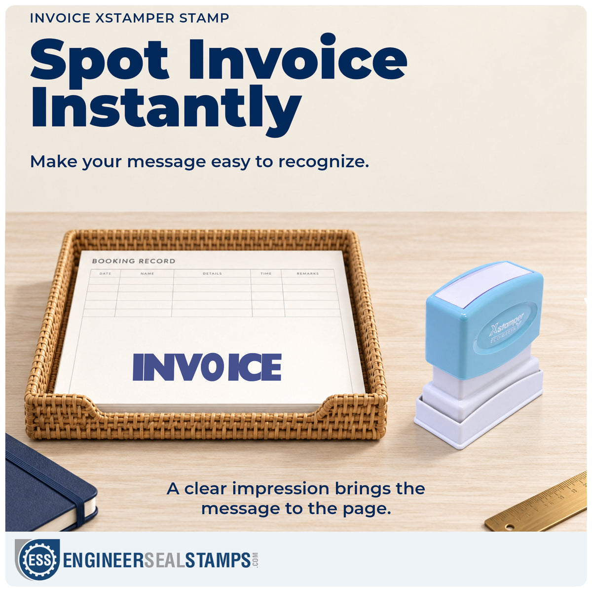 "Invoice" imprint on office paperwork beside the Invoice Stamp – Pre-Inked Xstamper